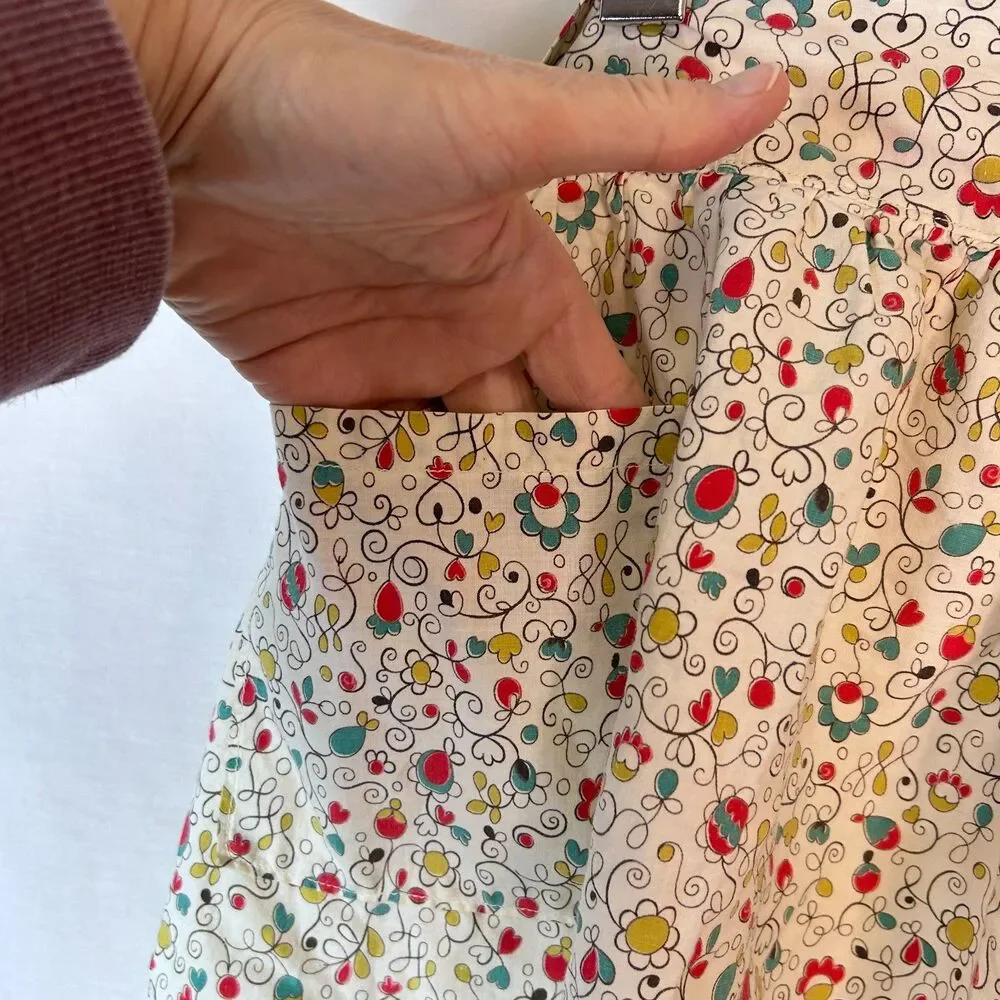 Vintage 50s-60s MCM Women's Multicolor Floral Yellow Border Print Cotton Apron